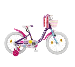 POLAR Junior 18&quot;-os gyerekkerékpár kontrás, spring design, kosárral, lila