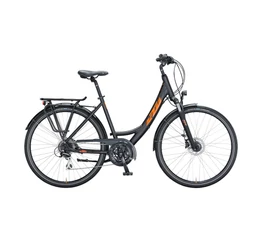 KTM Life Ride női trekking kerékpár 24 fokozatú Acera váltó, tárcsafék, matt fekete/fényes narancs, mono váz 46cm