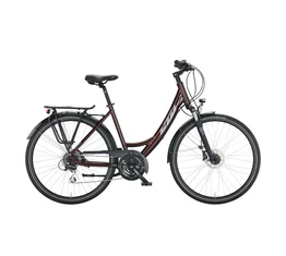 KTM Life Ride női trekking kerékpár 24 fokozatú Shimano Acera váltó, hidraulikus tárcsafék, nightred 46cm