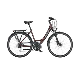 KTM Life Ride női trekking kerékpár 24 fokozatú Acera váltó, tárcsafék, monovázas, nightred (dark silver) 46cm