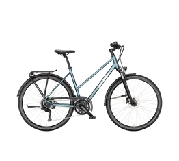 KTM Life Space női trekking kerékpár 2x9 fokozatú CUES váltó, tárcsafék, zöld/lila komfort váz 46cm