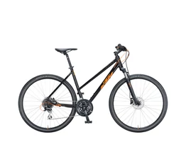 KTM Life Track női cross kerékpár 24 fokozatú Shimano Acera váltó, hidraulikus tárcsafék, fényes fekete/narancs 43cm