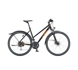 KTM Life Track Street női cross kerékpár 24 fokozatú Shimano Acera váltó, hidraulikus tárcsafék, fényes fekete/narancs 46cm