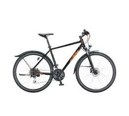 KTM Life Track Street férfi cross kerékpár 24 fokozatú Shimano Acera váltó, hidraulikus tárcsafék, fényes fekete/narancs 51cm