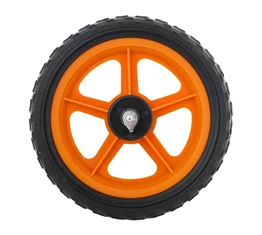 12-es műanyag első kerék golyós/kónuszos csapággyal, tömör gumival, narancs