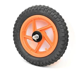 12-es műanyag első kerék golyós/kónuszos csapággyal, köpennyel és tömlővel, narancs