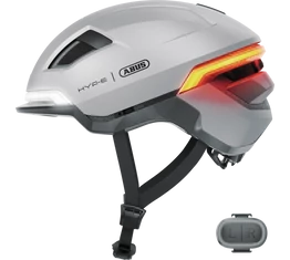 Abus HYP-E kerékpáros bukósisak első és hátsó világítással index jelzővel gleam silver S (51-55cm)