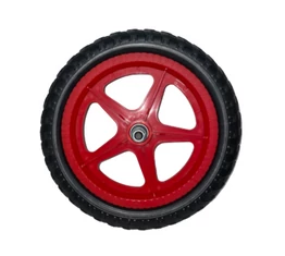 12-es műanyag első kerék ipari csapágyas, piros küllőzet, fekete "gumi", nem tömlős