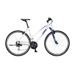 KTM Life One női cross kerékpár 24 fokozatú Shimano Acera váltó, V-fék, mattfehér (kék/zöld) 43cm