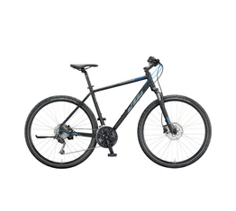 KTM Life Road férfi cross kerékpár 27 fokozatú Shimano Deore váltó, hidraulikus tárcsafék, mattfekete (szürke/kék), 51cm