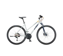 KTM Life Road női cross kerékpár 27 fokozatú Shimano Deore váltó, hidraulikus tárcsafék, mattszürke(kék/narancs) 51cm