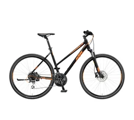 KTM Life Track női cross kerékpár 24 fokozatú Shimano Acera váltó, hidraulikus tárcsafék, mattfekete/narancs 46cm