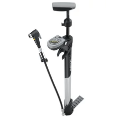 Topeak Megamorph műhelypumpa polír/fekete, 11bar, nyomásmérős, kompakt, 68cm, hordtáskával, minden szelep