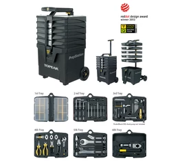 Topeak PrepStation szerszámkészlet, 40 profi szerszámmal, 6 fiók, 5"-os kerekek, nagy tároló alsó re