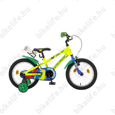 POLAR Junior 14"-os gyerekkerékpár kontrás, dino design, kulaccsal, sárga