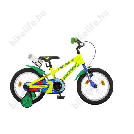 POLAR Junior 14"-os gyerekkerékpár kontrás, dino design, kulaccsal, sárga