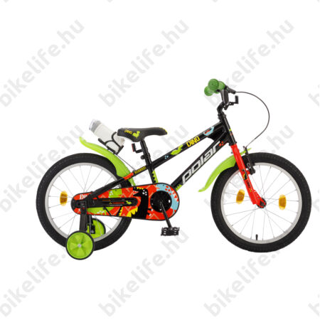POLAR Junior 18"-os gyerekkerékpár kontrás, dino design, kulaccsal, fekete/zöld