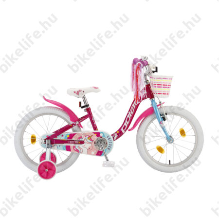 POLAR Junior 18"-os gyerekkerékpár kontrás, unicorn design, kosárral, sötét rózsaszín