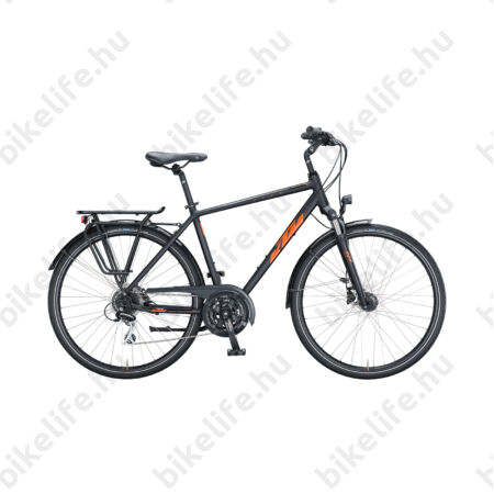 KTM Life Ride férfi trekking kerékpár 24 fokozatú Acera váltó, tárcsafék, matt fekete/fényes narancs 60cm