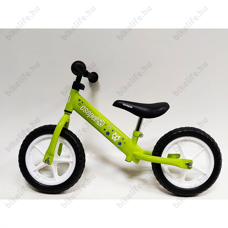 Csepel futóbicikli fém vázas, tömör kerekű, zöld színű, oroszlán mintával