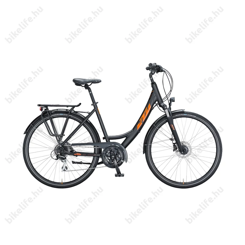 KTM Life Ride női trekking kerékpár 24 fokozatú Acera váltó, tárcsafék, matt fekete/fényes narancs, mono váz 46cm