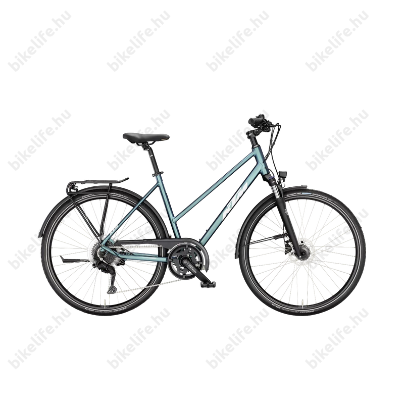 KTM Life Space női trekking kerékpár 2x9 fokozatú CUES váltó, tárcsafék, zöld/lila komfort váz 46cm