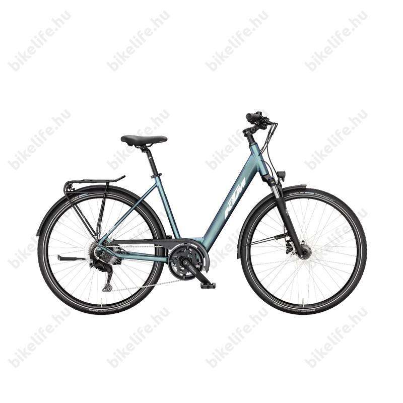 KTM Life Space női trekking kerékpár 2x9 fokozatú CUES váltó, tárcsafék, zöld/lila mono váz 43cm