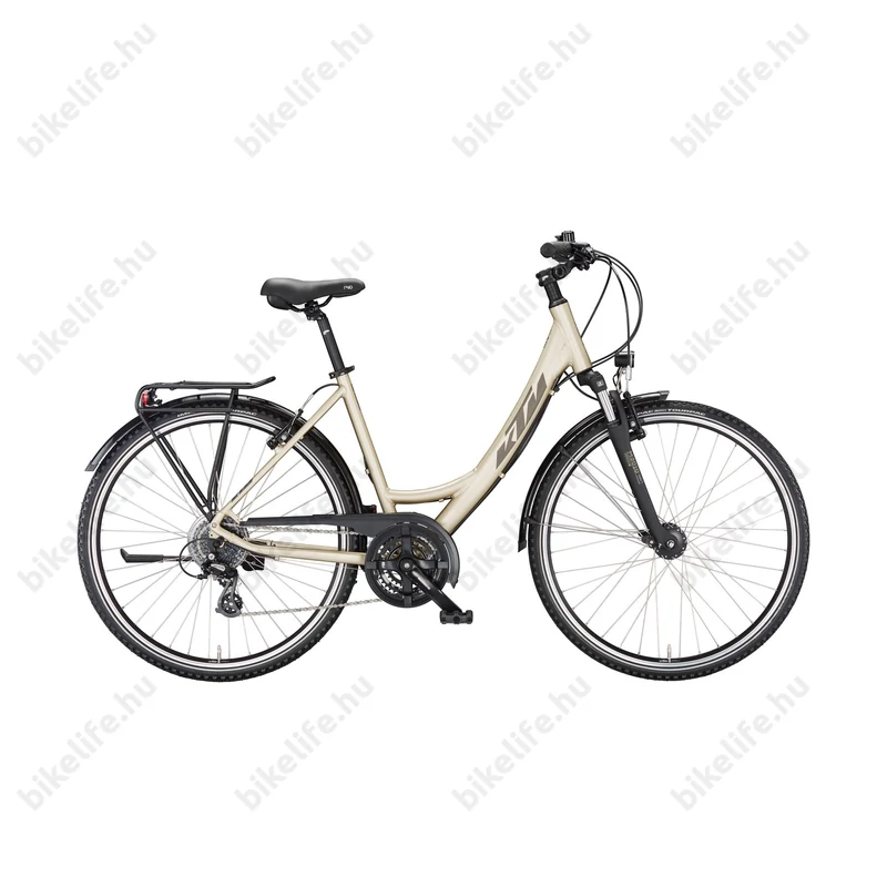 KTM Life Joy női trekking kerékpár 24 fokozatú Shimano Altus váltó, monovázas, pezsgő 43cm