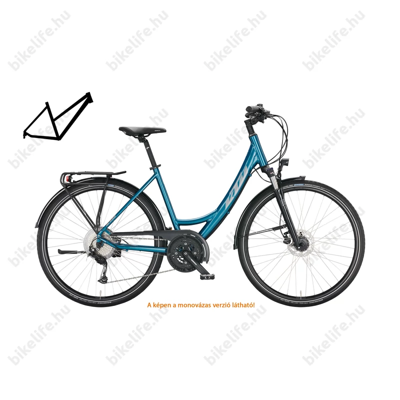 KTM Life Space női trekking kerékpár 2x9 fokozatú CUES váltó, tárcsafék, zöld/lila mono váz 46cm