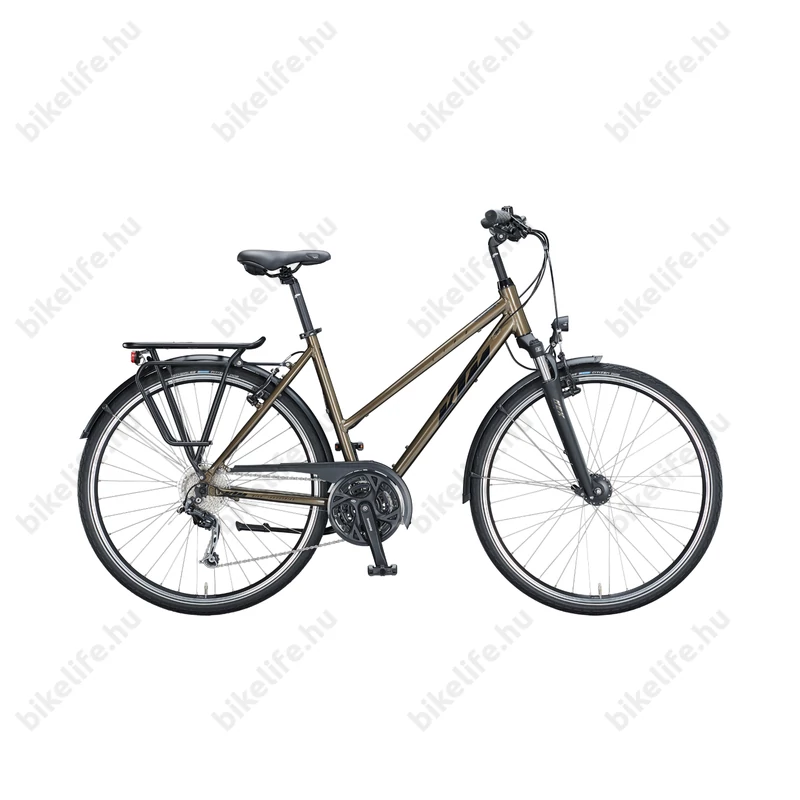 KTM Life Time női trekking kerékpár 27 fokozatú Deore váltó, metál tölgy barna, komfort vázas 46cm
