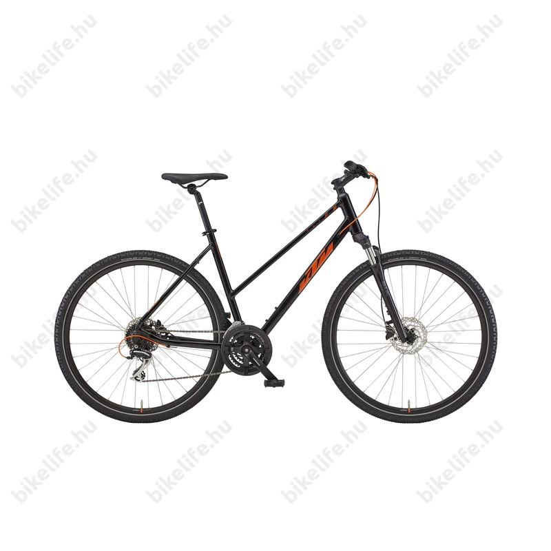 KTM X-Life Track női cross kerékpár 24 fokozatú Acera váltó, hidraulikus tárcsafék, fényes fekete-narancs 43cm