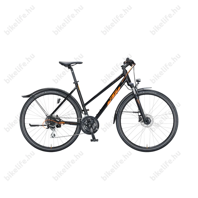 KTM Life Track Street női cross kerékpár 24 fokozatú Shimano Acera váltó, hidraulikus tárcsafék, fényes fekete/narancs 46cm