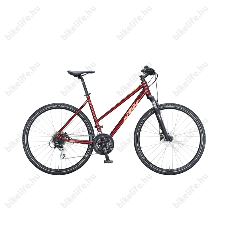 KTM Life Track női cross kerékpár 24 fokozatú Shimano Acera váltó, hidraulikus tárcsafék, piros/coral 43cm