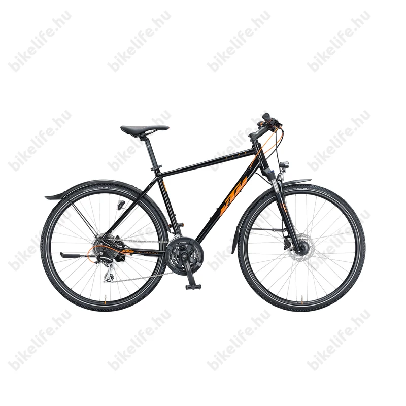 KTM Life Track Street férfi cross kerékpár 24 fokozatú Shimano Acera váltó, hidraulikus tárcsafék, fényes fekete/narancs 51cm