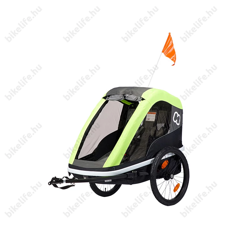 Hamax Avenida Twin gyermek szállító utánfutó, 2gyermeknek, 45kg terhelhetőség, időjárás álló boritás, szürke/lime