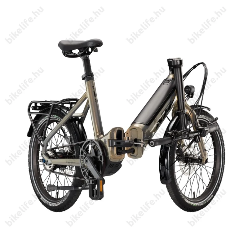 KTM Macina Fold 20 elektromos camping kerékpár Bosch Perf. PX Smart 75Nm/500Wh, Nexus 5 váltó, Gates szíjhatjás,  összecsukható, olive pearl