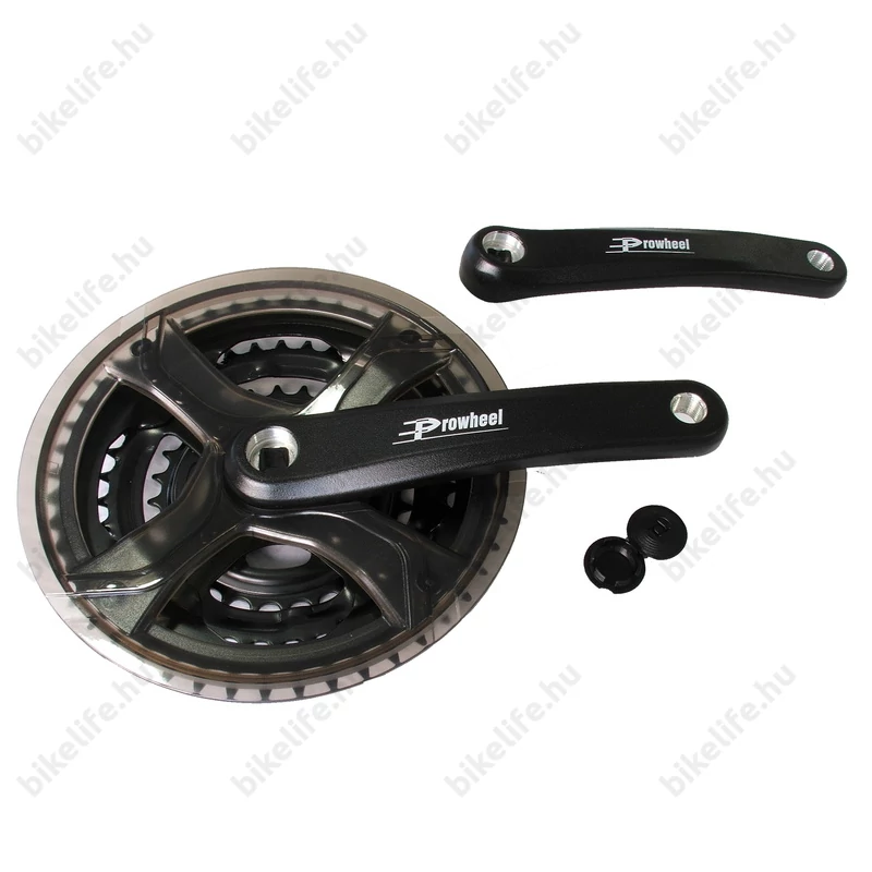 Prowheel alu hajtómű 28/38/48 fogas, 170mm hajtókar hossz, fekete/átlátszó nadrágszárvédővel