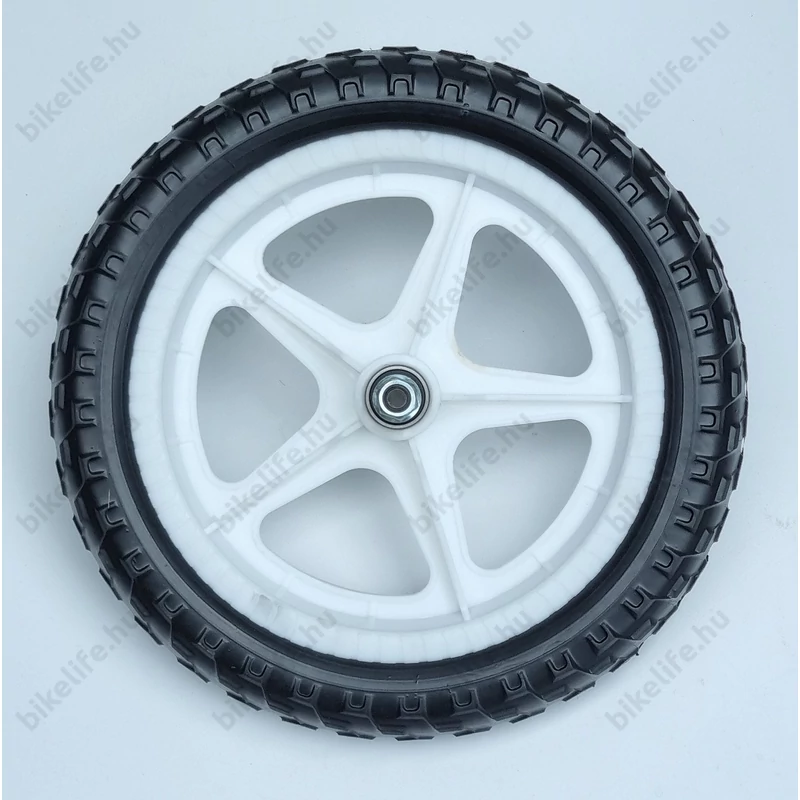 12-es műanyag első kerék ipari csapágyas, fehér küllőzet, fekete 