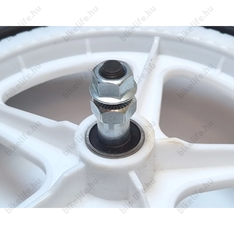 12-es műanyag első kerék ipari csapágyas, fehér küllőzet, fekete 