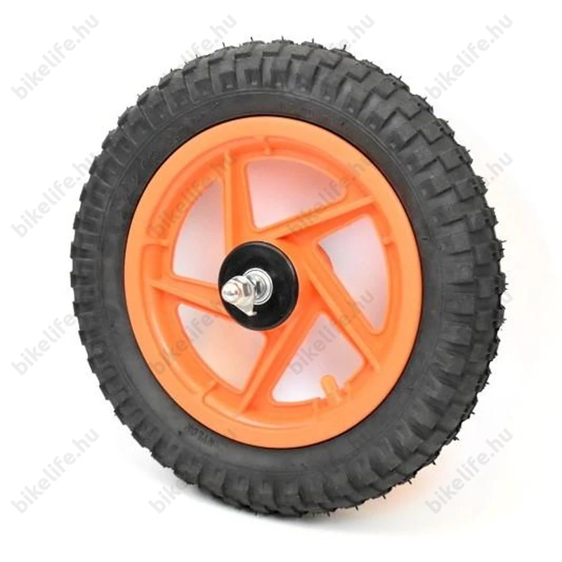 12-es műanyag első kerék golyós/kónuszos csapággyal, köpennyel és tömlővel, narancs