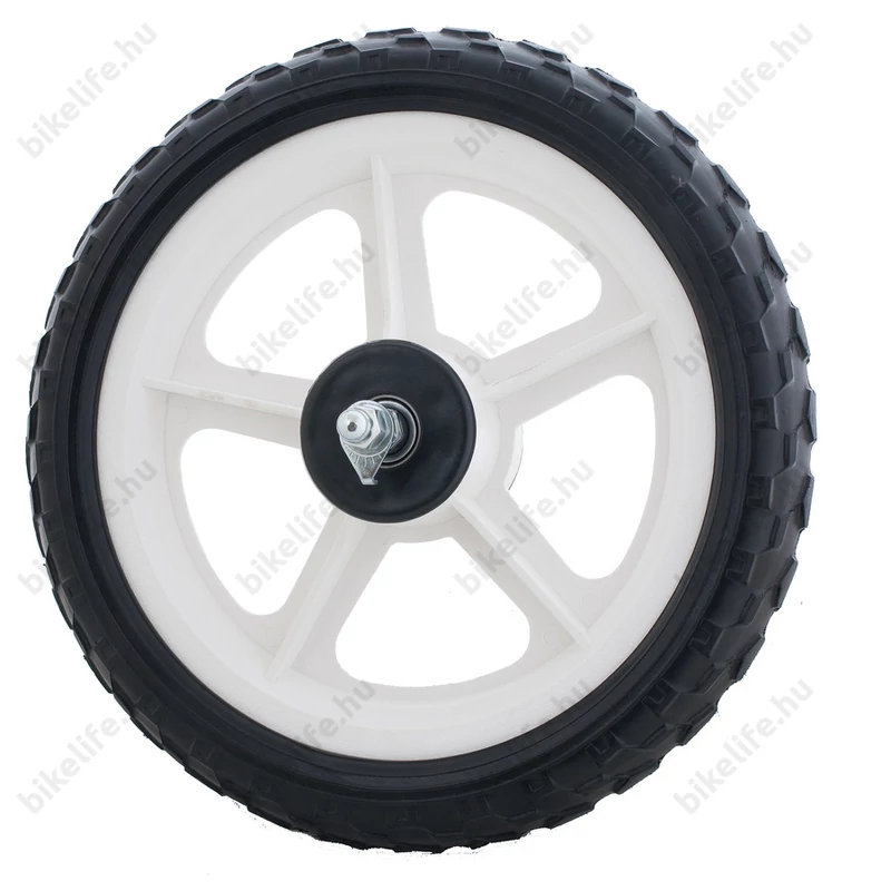 12-es műanyag első kerék golyós/kónuszos csapággyal tömör gumival fehér/fekete