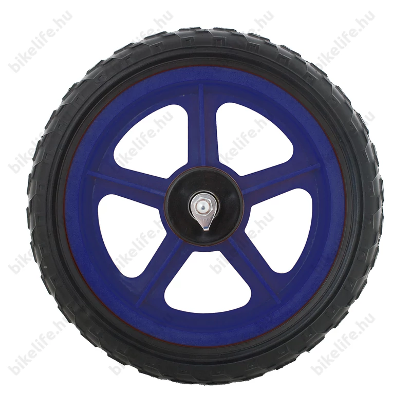 12-es műanyag első kerék golyós/kónuszos csapággyal tömör gumival kék/fekete