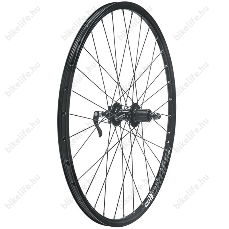 Kerék MTB hátsó Kellys KLS Draft Black duplafalú 8/9s. kazettás agy tárcsafékhez és V-fékhez is