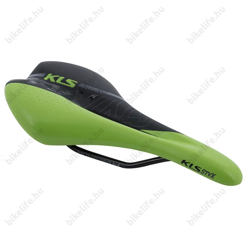 Kellys STYX MTB nyereg 277x162mm, 295g, acél pálca, fekete/lime zöld