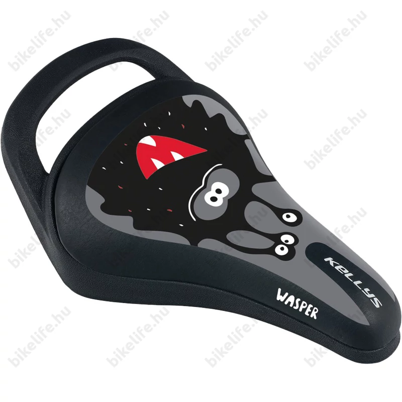 Kellys Wasper 023 gyerek nyereg fogantyúval, fekete/szürke szörnyecskés