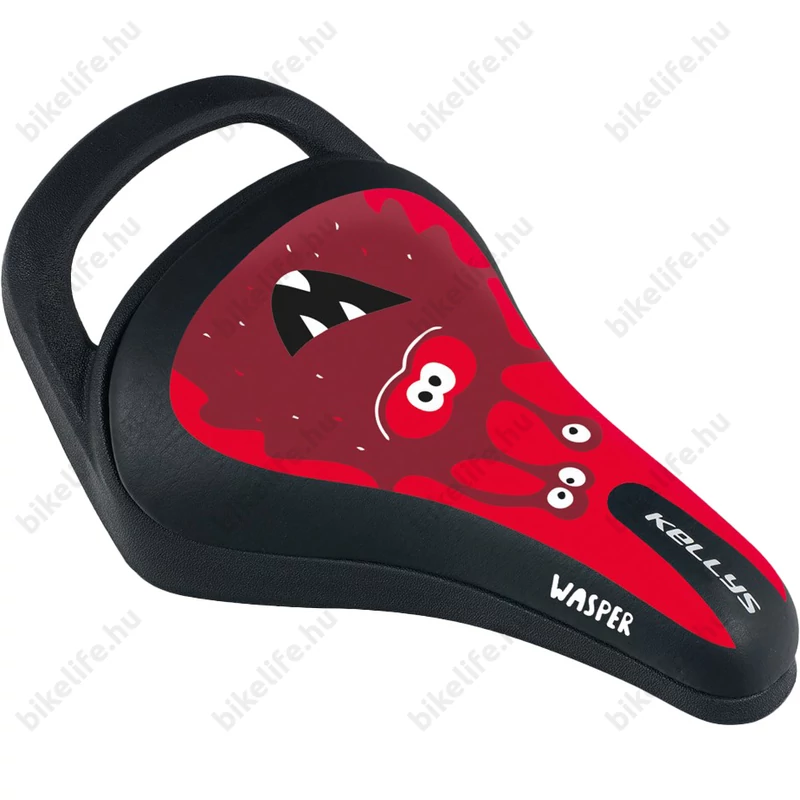Kellys Wasper 023 gyerek nyereg fogantyúval, piros szörnyecskés