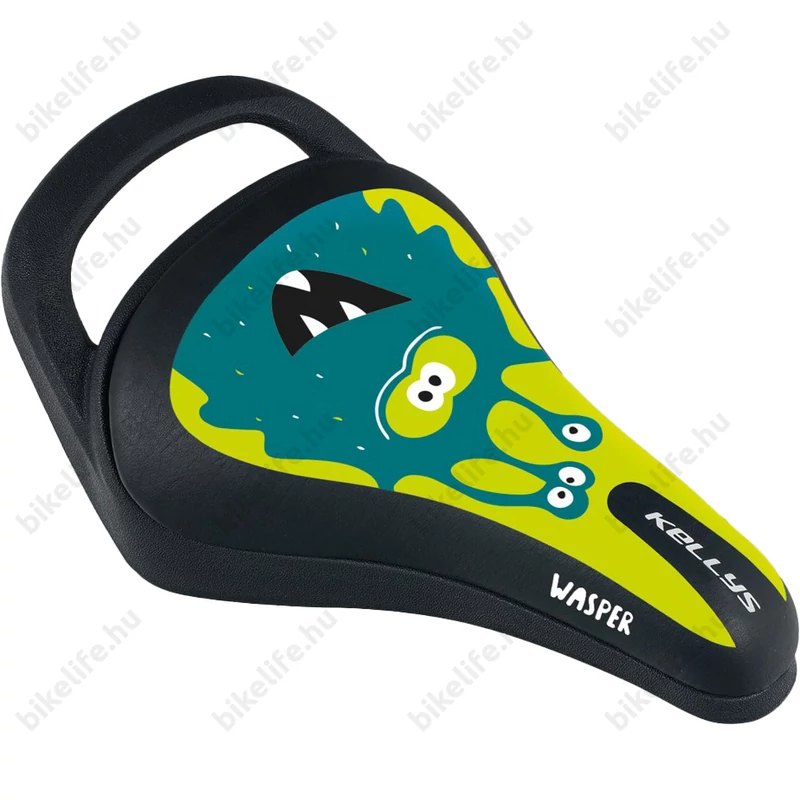Kellys Wasper 023 gyerek nyereg fogantyúval, zöld szörnyecskés