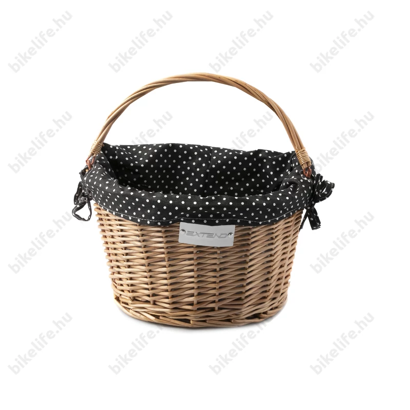 Extend Wicker natúr rattan kerékpáros első kosár pöttyös textillel és gyorsrögzítővel, natúr