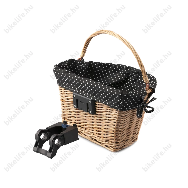 Extend Wicker natúr rattan kerékpáros első kosár pöttyös textillel és gyorsrögzítővel, natúr