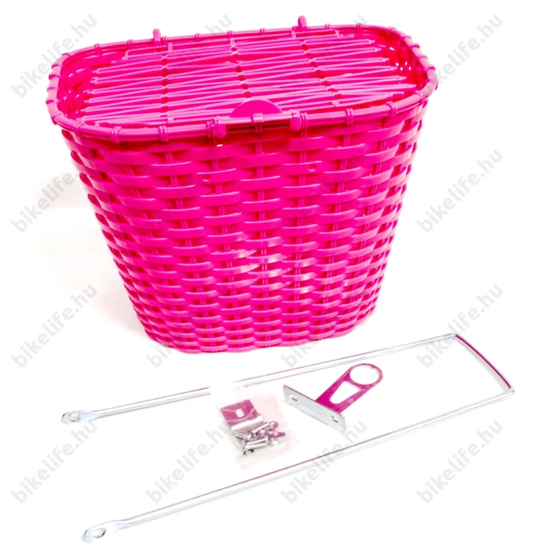 Sűrűszövésű, előre szerelhető műanyag, fonott, fix kosár, rózsaszín, fedeles